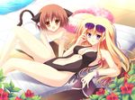  animal_ears asakura_hayate blonde_hair brown_eyes brown_hair casual_one-piece_swimsuit cat_ears cat_tail chen long_hair multiple_girls one-piece_swimsuit purple_eyes short_hair strap_slip sunglasses swimsuit tail touhou yakumo_yukari 