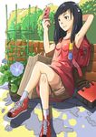  arm_behind_head armpits backpack bag black_eyes black_hair cellphone crossed_legs flower long_hair morning_glory original phone randoseru sasaki_bullet shoes shorts sitting sneakers solo 