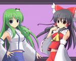  black_hair blue_eyes bow detached_sleeves frog green_hair hair_bow hair_ornament hakurei_reimu kochiya_sanae long_hair multiple_girls red_eyes snake touhou yuu_hitoshi 