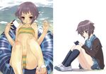  beach bikini book brown_eyes cardigan flat_chest grey_eyes grey_hair highres innertube kita_high_school_uniform kneehighs multiple_views nagato_yuki okazaki_takeshi panties reading sandals school_uniform serafuku shoes short_hair socks striped striped_bikini suzumiya_haruhi_no_yuuutsu swimsuit tankini underwear uwabaki 