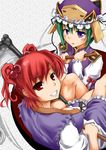  bad_id bad_pixiv_id blue_eyes breasts cleavage green_hair hair_bobbles hair_ornament hat medium_breasts multiple_girls onozuka_komachi red_eyes red_hair scythe shiki_eiki short_hair touhou two_side_up yasojima_nejiro 