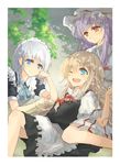  blonde_hair blue_eyes braid breast_pillow hand_in_hair hat izayoi_sakuya kirisame_marisa long_hair maid maid_headdress multiple_girls patchouli_knowledge purple_hair red_eyes shade short_hair silver_hair tes_(unpre) touhou tree_shade twin_braids 