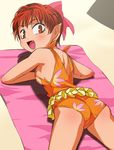  bow breasts fang gegege_no_kitarou hair_bow hair_up haruyama_kazunori medium_breasts nekomusume nekomusume_(gegege_no_kitarou_5) one-piece_swimsuit orange_eyes pink_bow pointy_ears red_hair sideboob solo sunbathing swimsuit 