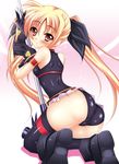  absurdres armband ass bardiche belt blonde_hair blush boots fate_testarossa fukunaga_yukito highres long_hair lyrical_nanoha mahou_shoujo_lyrical_nanoha red_eyes solo thighhighs trefoil twintails very_long_hair 