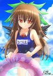  alternate_costume bad_id bad_pixiv_id bare_shoulders bow brown_hair fielmel flat_chest green_bow hair_bow innertube long_hair name_tag orange_eyes reiuji_utsuho school_uniform see-through solo touhou translated water wings younger 