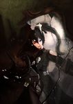  atorosu bad_id bad_pixiv_id black_gold_saw black_hair black_rock_shooter coat dark green_eyes huge_weapon insane_black_rock_shooter king_saw long_hair mirror purple_eyes red_eyes reflection solo sword twintails weapon 