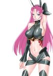  aliasse aliasse_(cosplay) arm_up armpits blue_eyes breasts cosplay detached_sleeves juliana_eberhardt large_breasts long_hair makacoon navel pink_hair senjou_no_valkyria senjou_no_valkyria_2 sideboob simple_background skin_tight solo thighhighs very_long_hair 