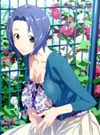  ahoge blue_hair collarbone flower hands hands_together highres idolmaster idolmaster_(classic) idolmaster_2 leaning_forward miura_azusa red_eyes short_hair smile solo thesale 