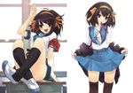  belt bra brown_eyes brown_hair cardigan headband highres kita_high_school_uniform kneehighs lingerie mouth_hold multiple_views okazaki_takeshi panties ribbon school_uniform serafuku shoes short_hair skirt skirt_lift socks suzumiya_haruhi suzumiya_haruhi_no_yuuutsu underwear undressing uwabaki 