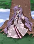  crescent crescent_hair_ornament hair_ornament kuraryu long_hair no_hat no_headwear outdoors patchouli_knowledge purple_eyes purple_hair sitting solo touhou tree tree_shade under_tree 