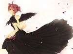  ahoge black_dress black_wings dress drill_hair flower hair_ornament hairclip jikei kasane_teto looking_back petals red_eyes red_hair solo twin_drills twintails utau wings 