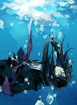 air_bubble asphyxiation belt black_hair blue_background bubble closed_eyes drowning fingerless_gloves gloves long_hair male_focus open_clothes open_shirt shirt solo starshadowmagician submerged tales_of_(series) tales_of_vesperia underwater yuri_lowell 