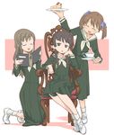  :&lt; black_hair book braid cake chair closed_eyes cup food fukuzawa_yumi kneeling maria-sama_ga_miteru multiple_girls nse open_mouth school_uniform shimazu_yoshino sitting teacup toudou_shimako twin_braids twintails 