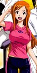  artist_request bike_shorts bleach inoue_orihime long_hair open_mouth orange_hair pants shirt smile solo source_request spandex t-shirt 