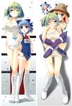  3girls :q adapted_costume alternate_costume amanooni_touri bad_id bad_pixiv_id bare_shoulders blonde_hair blue_eyes blue_hair blush boots borrowed_design bow breasts breath cirno confetti cross-laced_footwear elbow_pads frown green_hair hair_bow hands_on_hips hat headlock kazami_yuuka lace-up_boots large_breasts legs licking_lips moriya_suwako multiple_girls off_shoulder one-piece_swimsuit one_eye_closed pigeon-toed purple_eyes purple_legwear sandals school_swimsuit school_swimsuit_flap see-through sweat swimsuit thigh_gap thighhighs tongue tongue_out touhou wavy_mouth wet wet_clothes white_school_swimsuit white_swimsuit wince wrestling wrestling_outfit wrestling_ring 