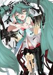  aqua_eyes aqua_hair belt hatsune_miku izuru_(timbermetal) long_hair navel necktie pants solo twintails very_long_hair vocaloid wince 