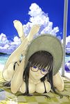  bad_id bad_pixiv_id ball barefoot beach beachball bikini black_bikini black_hair blue_eyes bottle breast_press breasts checkered cleavage cloud crossed_legs day feet glasses hat highres large_breasts legs_up long_hair lying nakabayashi_reimei ocean on_stomach original outdoors shade sky smile soles solo straw_hat sun_hat sweat swimsuit towel water_bottle 