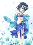  bad_id bad_pixiv_id bell bikini bikini_under_clothes black_hair blue_bikini blue_eyes blue_jacket blue_ribbon blue_sarong breasts flower front-tie_top halterneck hood hoodie jacket jingle_bell long_sleeves medium_breasts off_shoulder open_clothes open_hoodie open_jacket original ribbon sarong short_hair side-tie_bikini solo standing swimsuit unzipped yamiko 