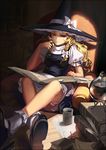  alphonse_(white_datura) armchair bad_id bad_pixiv_id blonde_hair bobby_socks book braid breasts chair crossed_legs feet_on_table foreshortening hat kirisame_marisa legs mary_janes quill reading shade shoes sitting small_breasts smile socks solo touhou white_legwear witch_hat yellow_eyes 
