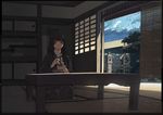  architecture cloud dagashi_(place) day east_asian_architecture hime_cut japanese_clothes kimono long_hair seiza shoujo_material sitting sky solo stone_lantern table tatami tea 