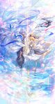  1boy 1girl absurdres armor armored_boots artoria_pendragon_(fate) blonde_hair blue_ribbon boots breastplate caliburn_(fate) chinese_commentary commentary_request dress e_(h798602056) fate/grand_order fate_(series) gauntlets highres holding holding_sword holding_weapon long_hair merlin_(fate) reflection ribbon saber_lily standing sword very_long_hair weapon white_dress white_hair 