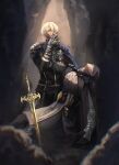  blonde_hair blood blood_on_face blue_eyes blue_hair commentary death dimitri_alexandre_blaiddyd english_commentary fire_emblem fire_emblem:_three_houses highres holding male_byleth_(fire_emblem) primaros_drip sword tears weapon 