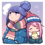  2girls ^_^ beanie blue_hair blue_jacket closed_eyes coat cream_puff deformed eating expressionless food green_jacket hair_bun hat highres jacket kagamihara_nadeshiko multiple_girls parka pink_hair pink_hat pom_pom_(clothes) pom_pom_beanie purple_eyes scarf shima_rin simple_background snowing striped_clothes striped_scarf umenodo winter_clothes winter_coat yurucamp 