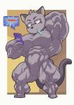 3_toes 5_fingers abs anthro biceps big_eyes big_muscles black_eyes black_nose black_outline blush body_blush brush cellphone chibi claws crimsonrabbit darkened_ears darkened_tail deltoids domestic_cat electronics eye_markings eyebrows facial_markings featureless_chest featureless_crotch feet felid feline felis fingers forearm_muscles full-length_portrait fur gaming grey_body grey_eyebrows grey_fur grey_markings hajime_tanaka_(odd_taxi) hand_behind_head head_markings head_tuft hi_res holding_object holding_phone huge_muscles latissimus_dorsi light lighting line_art long_tail looking_down male mammal markings muscular muscular_legs narrowed_eyes no_irises nude odd_taxi outline pecs phone pictographics playing playing_video_game portrait quads rectangle_background serratus shaded shaded_line_art shadow simple_background small_feet small_mouth solo speech_bubble standing star tail tear_(marking) thick_thighs three-quarter_view toes toothbrush toothbrush_in_mouth triangle_nose triceps tuft whiskers white_background white_sclera yellow_background yellow_inner_ear