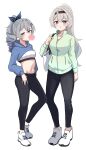  2girls :o absurdres aqua_jacket armor belly black_leggings blowing_bubble_gum blue_sweater brown_hairband chewing_gum crop_top erushira firefly_(honkai:_star_rail) gradient_hair greaves hair_between_eyes hair_intakes hair_ribbon hairband highres honkai:_star_rail honkai_(series) jacket leggings long_hair multicolored_hair multiple_girls navel open_mouth ponytail ribbon shoes silver_wolf_(honkai:_star_rail) simple_background single_greave sweater white_background white_shoes 