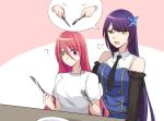  2girls ? assault_lily bare_shoulders behind_another black_necktie blue_shirt blue_skirt braid breasts butterfly_hair_ornament closed_mouth collared_shirt commentary cross-laced_clothes cross-laced_sleeves detached_sleeves fork frilled_sleeves frills funada_kiito green_eyes hair_between_eyes hair_ornament hands_up heterochromia holding holding_fork holding_knife knife long_bangs long_hair long_sleeves looking_at_another looking_at_object looking_down lower_teeth_only medium_breasts mole mole_under_eye multiple_girls necktie nigari_(ngari_0115) notice_lines odaiba_girls_high_school_uniform open_mouth pink_background plate pleated_skirt puff_of_air purple_hair red_eyes red_hair school_uniform shiba_tomoshibi shirt short_sleeves side_braid single_braid skirt sleeveless sleeveless_shirt speech_bubble spoken_object sweatdrop table table_knife teaching teeth two-tone_background two-tone_shirt upper_body very_long_hair white_background white_shirt wide-eyed 