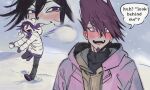  2boys absurdres aegyo_sal beanie black_hair blush coat commentary danganronpa_(series) danganronpa_v3:_killing_harmony english_commentary english_text facial_hair flipped_hair goatee hair_between_eyes happy hat highres imminent_attack jacket long_sleeves looking_at_viewer male_focus miri_(bossu_osu) momota_kaito multiple_boys narrowed_eyes oma_kokichi open_mouth outdoors pants pom_pom_(clothes) pom_pom_beanie purple_eyes purple_facial_hair purple_hair short_hair smirk snow snowball snowing speech_bubble spiked_hair talking throwing tongue tongue_out winter winter_clothes 