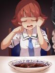  2girls apron black_dress blue_necktie brown_hair cannibalism closed_eyes collared_shirt commentary_request crying dress facing_viewer flipped_hair food frilled_apron frills highres human_meat_consumption idolmaster idolmaster_million_live! idolmaster_million_live!_theater_days multiple_girls necktie nonohara_akane official_alternate_costume open_mouth plate revision shirt short_sleeves solo_focus stew tears uccow upper_body white_apron white_shirt 