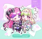  2girls :d ;) artist_name black_boots black_dress blonde_hair blush boots border chibi chibi_only closed_mouth commentary cure_kiss cure_zukyuun dress full_body gloves green_border green_eyes heart high_five high_heel_boots high_heels kimi_to_idol_precure kuzumochi_(hgnon82) long_hair looking_at_viewer meroron_(precure) multicolored_hair multiple_girls one_eye_closed open_mouth outside_border pink_eyes pink_hair precure purirun_(precure) purple_border purple_eyes shoes signature smile sparkle standing standing_on_one_leg streaked_hair thigh_boots twitter_username very_long_hair watermark white_background white_dress white_gloves white_shoes 
