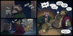  3_panel_comic 4_toes 5_fingers absurd_res aldrich_haynes_(thepurp) anthro balls black_text body_hair chest_hair clothing comic dialogue digital_media_(artwork) duo eggnog english_text feet felid fingers foreskin genitals hi_res hudson_(thepurp) humanoid_genitalia humanoid_penis male male/male mammal mature_anthro mature_male mostly_nude muscular muscular_anthro muscular_male open_mouth pantherine pawpads penis procyonid raccoon robe robe_only speech_bubble text thepurp toes weight_gain 