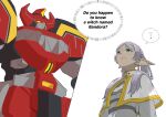  1girl ? capelet closed_mouth commentary cowboy_shot daizyuzin earrings elf english_commentary english_text frieren green_eyes grey_hair highres jewelry kyouryuu_sentai_zyuranger long_hair mecha pointy_ears robot sendalman simple_background sousou_no_frieren speech_bubble spoken_question_mark super_sentai white_background white_capelet 