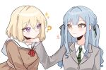 2girls at_09098 bang_dream! bang_dream!_it's_mygo!!!!! black_ribbon blonde_hair blue_hair brown_dress commentary diagonal-striped_clothes diagonal-striped_necktie dress green_necktie grey_jacket hair_ribbon hanasakigawa_school_uniform hand_on_another's_chin head_rest jacket korean_commentary long_hair misumi_uika multiple_girls necktie purple_eyes ribbon sailor_collar sailor_dress school_uniform sidelocks simple_background striped_clothes togawa_sakiko white_background white_sailor_collar yellow_eyes 
