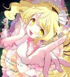  2girls :3 :d biyon black_dress black_hairband blonde_hair blush breasts cleavage commentary_request cooking dark_background dress earrings fried_egg frilled_dress frills from_above frying_pan hair_ornament hairband hand_on_own_face highres holding holding_frying_pan holding_spatula jewelry long_hair looking_at_viewer medium_breasts multiple_girls open_mouth outstretched_hand red_eyes revision shell shell_earrings shell_hair_ornament sleeveless sleeveless_dress smile spatula squeans touhou twitter_username watari_nina watermark wavy_hair white_dress white_hair yellow_eyes yuiman_asama 