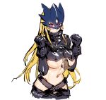  1girl beelstarmon belt black_belt black_coat black_gloves black_pants black_vest blonde_hair blue_mask blush breasts clenched_hands coat commentary_request cowboy_shot cropped_vest cum cum_on_body cum_on_breasts cum_on_clothes digimon digimon_(creature) disembodied_penis ejaculation_under_clothes eye_mask gloves groin guang_li_zi hair_between_eyes handsfree_paizuri highres large_breasts large_variant_set leather leather_pants long_hair looking_down mask navel paizuri pants penis purple_eyes sidelocks simple_background standing steam stomach sweat third_eye tight_clothes tight_pants twitter_username underboob variant_set veins veiny_penis vest white_background 