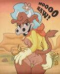 anthro anus bottomless bovid bovine butt cattle clothed clothing cowboy_hat cuphead_(game) esther_winchester_(cuphead) female hat headgear headwear hi_res looking_at_viewer mammal presenting presenting_hindquarters solo spread_butt spreading weirdkoaladream