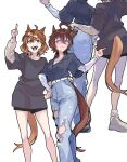  2girls agnes_tachyon_(umamusume) ahoge animal_ears arm_around_waist black_shirt black_shorts blue_pants breasts brown_hair chemical_structure closed_mouth commentary_request denim earrings hair_between_eyes hair_ornament hairclip highres horse_ears horse_girl horse_tail jeans jewelry jungle_pocket_(umamusume) layered_sleeves long_shirt long_sleeves medium_hair multiple_girls necklace notched_ear open_mouth pants purple-tinted_eyewear red_eyes shirt shoes short_hair short_over_long_sleeves short_sleeves shorts single_earring smile sonabaija sunglasses tail tail_through_clothes teeth tinted_eyewear torn_clothes torn_pants umamusume white_shirt yellow_eyes 