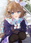  +_+ 1girl absurdres almond_eye_(umamusume) animal_ears bag black_gloves black_pantyhose blue_coat blue_eyes blue_scarf blush bow_hairband braid breasts breath brown_hair buttons coat colored_inner_hair commentary_request double-breasted gloves hair_between_eyes hair_ornament hairband hairclip highres holding_snowman horse_ears horse_girl horse_tail long_hair looking_at_viewer multicolored_hair open_mouth outdoors pantyhose polka_dot polka_dot_scarf purple_serafuku purple_skirt scarf school_bag school_uniform serafuku skirt smile snow snowman solo squatting symbol-shaped_pupils tail tracen_school_uniform tracen_winter_coat umamusume white_hairband winter_clothes winter_coat winter_uniform yukikawa_juri 