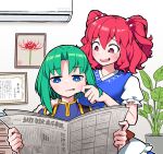  2girls air_conditioner asymmetrical_hair blue_dress blue_eyes bright_pupils cheek_pinching commentary_request dress epaulettes green_hair hair_bobbles hair_ornament highres holding holding_newspaper indoors multiple_girls newspaper onozuka_komachi parted_bangs pinching plant potted_plant red_eyes red_hair shiki_eiki short_hair short_sleeves sitting solidus_(sword_cube) textless_version touhou two_side_up white_pupils 