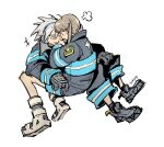  1boy 1girl artist_name black_gloves black_jacket black_pants blonde_hair boots commentary_request couple creator_connection en'en_no_shouboutai firefighter_jacket full_body gloves grey_boots grey_hair headphones hetero highres huffing jacket korean_commentary light_blush long_hair looking_at_another maka_albarn pants short_hair smile soul_eater soul_evans tokiijayy twintails white_background 