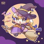  1girl :d antlers arknights black_capelet black_hat black_shoes blonde_hair blue_hair blush_stickers bow braid broom broom_riding capelet chibi commentary_request dress earrings full_body green_eyes grey_pantyhose haaiiro halloween halloween_bucket hat highres horns horns_through_headwear jack-o'-lantern jack-o'-lantern_earrings jewelry long_hair looking_at_viewer low_twintails multicolored_hair pantyhose pointy_ears purple_dress shoes shu_(arknights) smile solo star_(symbol) trick_or_treat twin_braids twintails two-tone_hair very_long_hair white_hair witch_hat yellow_bow 