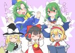  5girls absurdres alice_margatroid anger_vein apron ascot black_hair blonde_hair blue_capelet blue_dress blue_eyes blue_hat book bow bowtie braid capelet commentary_request detached_sleeves dress english_text engrish_text frilled_bow frilled_hair_tubes frills green_eyes green_hair hair_bow hair_tubes hairband hakurei_reimu hat hat_bow hieda_no_akyuu highly_responsive_to_prayers highres holding japanese_clothes kimono kirisame_marisa knife long_hair long_sleeves matsuri_(komatumarina) mima_(touhou) multiple_girls neckerchief nontraditional_miko open_mouth ranguage red_bow red_hairband red_neckerchief red_skirt ribbon ribbon_trim school_uniform serafuku short_hair short_sleeves side_braid single_braid skirt skirt_set smile spoken_anger_vein sun_print sun_symbol touhou touhou_(pc-98) waist_apron white_bow white_capelet witch_hat wizard_hat yellow_ascot yellow_bow yellow_bowtie 