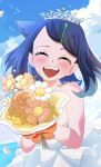  1girl bare_shoulders black_hair blue_hair blush bouquet bride closed_eyes commentary_request dress hair_ornament hairclip highres holding holding_bouquet kame_san liko_(pokemon) open_mouth pokemon pokemon_(anime) pokemon_horizons short_hair silver_tiara solo twitter_username water white_dress 