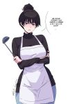  1girl absurdres apron arms_under_breasts black_hair black_sweater blue_eyes breasts chainsaw_man check_translation commentary crossed_arms denim english_commentary gratam hair_bun highres holding holding_ladle jeans ladle large_breasts looking_at_viewer mitaka_asa's_mother narrow_waist open_mouth pants simple_background single_hair_bun solo spanish_text sweater talking translation_request turtleneck turtleneck_sweater twitter_username white_apron white_background wide_hips 