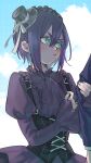  1girl alternate_costume aqua_eyes arm_hug ascot black_dress black_hairband blue_sky cloud commentary dr.k_(doctorkodok) dress frilled_hairband frilled_shirt_collar frills frown gothic_lolita hair_between_eyes hairband haraga_kurumi hat hat_ribbon highres juliet_sleeves kimi_no_koto_ga_dai_dai_dai_dai_daisuki_na_100-nin_no_kanojo light_blush lolita_fashion long_sleeves mini_hat mini_top_hat out_of_frame puffy_sleeves purple_hair ribbon short_hair sky sleeves_past_wrists solo_focus tilted_headwear top_hat white_ribbon 