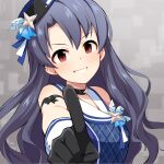  1girl bare_shoulders black_choker black_gloves black_hair blue_hat blue_shirt breasts brown_eyes choker commentary_request gloves hair_between_eyes hat highres idolmaster idolmaster_million_live! idolmaster_million_live!_theater_days index_finger_raised long_hair looking_at_viewer medium_breasts outstretched_arm revision sailor_collar shirt sleeveless sleeveless_shirt smile solo takayama_sayoko tilted_headwear uccow upper_body very_long_hair white_sailor_collar 