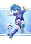  1girl 2026_fifa_world_cup absurdres artist_name ball blue_eyes blue_hair blue_shirt blue_shoes blue_socks bow cleats clothes_writing cut_bangs dated hair_bow highres hirogaru_sky!_precure jumping kicking medium_hair open_mouth precure print_shirt print_socks satou_yasu shin_guards shirt shoes short_sleeves shorts side_ponytail signature single_sidelock smile soccer soccer_ball soccer_uniform socks solo sora_harewataru sportswear white_shorts world_cup yellow_bow 
